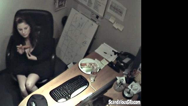 Secretary rubbing her tits and masturbating