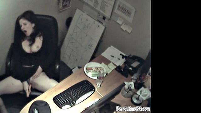 Secretary rubbing her tits and masturbating