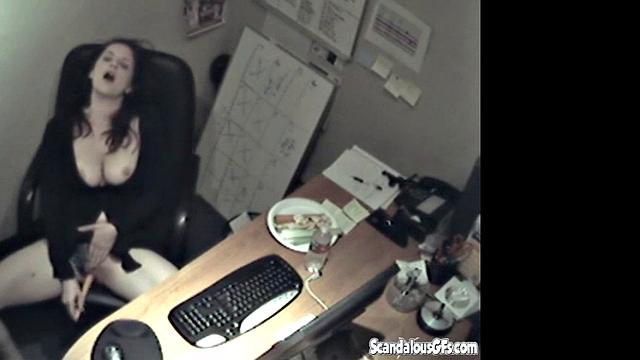 Secretary rubbing her tits and masturbating