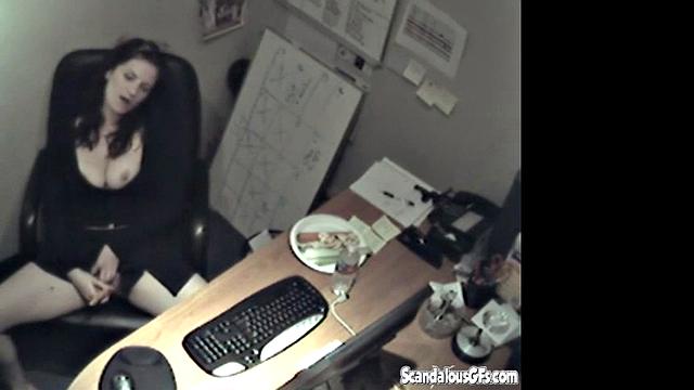 Secretary rubbing her tits and masturbating