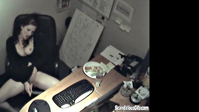 Secretary rubbing her tits and masturbating