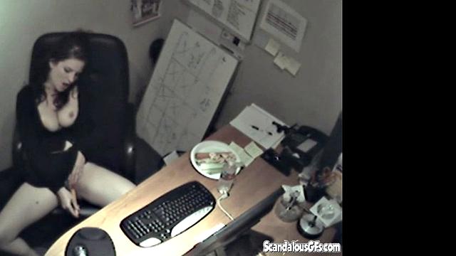 Secretary rubbing her tits and masturbating