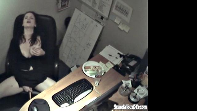 Secretary rubbing her tits and masturbating