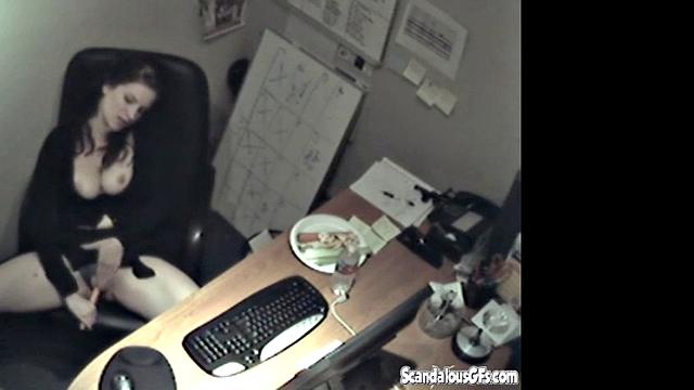 Secretary rubbing her tits and masturbating