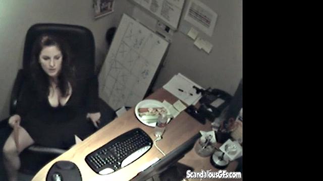 Secretary rubbing her tits and masturbating