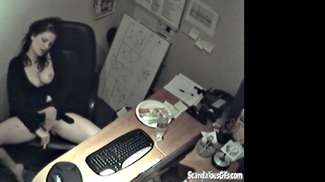 Secretary rubbing her tits and masturbating