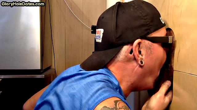 Tattooed gloryhole DILF sucks cock for cum in mouth at home