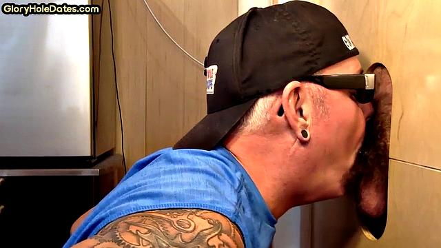 Tattooed gloryhole DILF sucks cock for cum in mouth at home