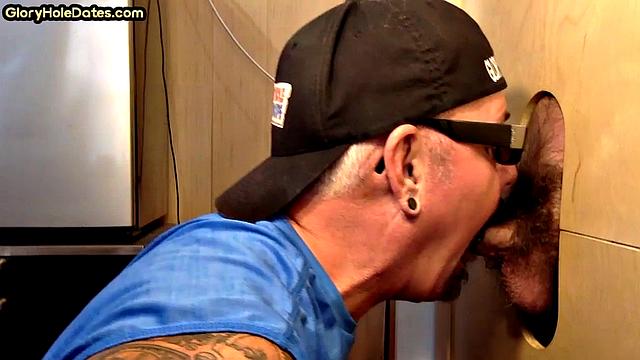 Tattooed gloryhole DILF sucks cock for cum in mouth at home