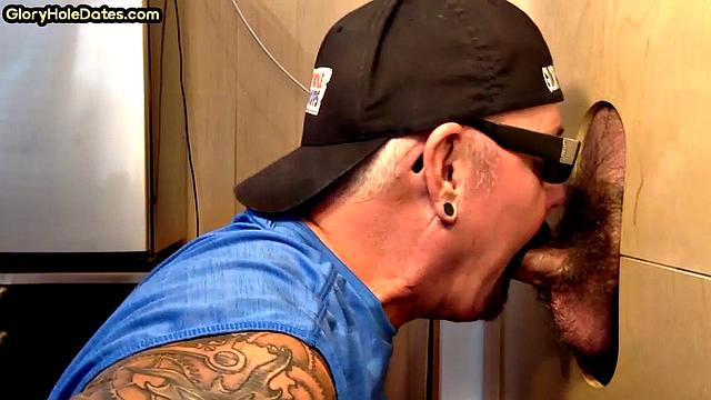 Tattooed gloryhole DILF sucks cock for cum in mouth at home