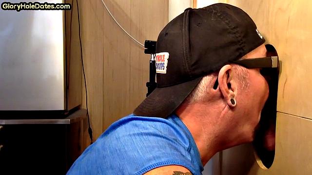 Tattooed gloryhole DILF sucks cock for cum in mouth at home