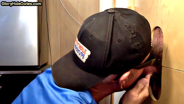 Tattooed gloryhole DILF sucks cock for cum in mouth at home