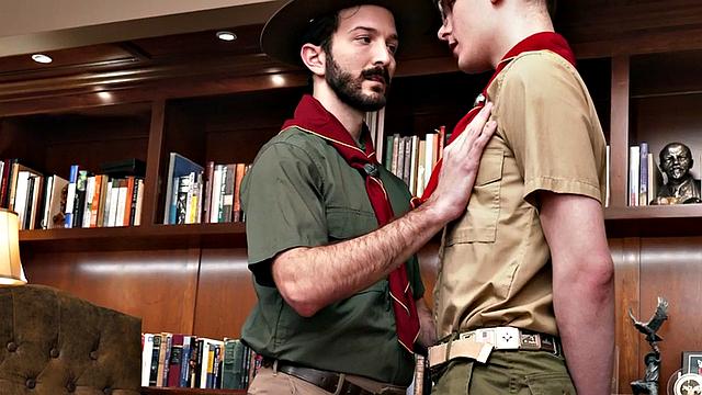 Scout twink sucks DILF's cock after rimmed by elder in office