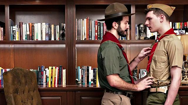 Scout twink sucks DILF's cock after rimmed by elder in office