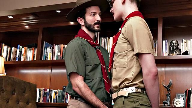 Scout twink sucks DILF's cock after rimmed by elder in office