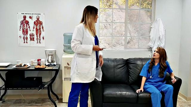 Horny office babe in brown hair enjoys intense missionary sex in her trimmed pussy