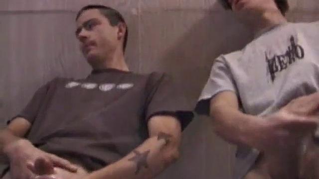 He shoots his load against the glass while another guy watches, thick cum splattering everywhere