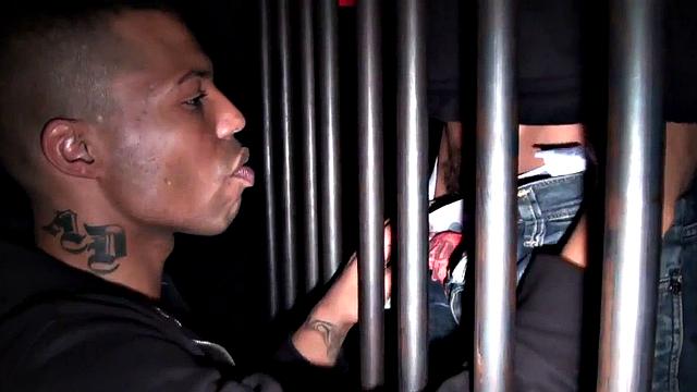 Pierced Ebony stud fucked by blindfolded stud in cage