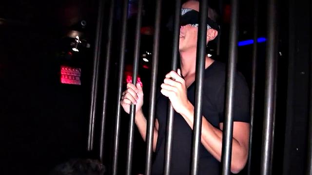 Pierced Ebony stud fucked by blindfolded stud in cage