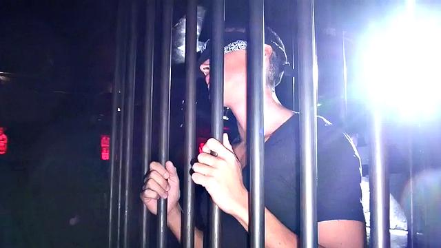 Pierced Ebony stud fucked by blindfolded stud in cage