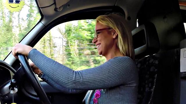 Lucky guy fucks lost busty cabby in glasses and dress