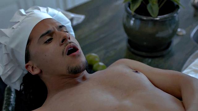 Athletic Black stud barebacking on kitchen counter