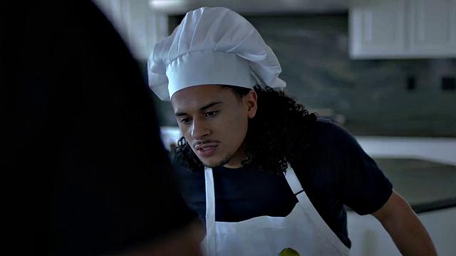 Athletic Black stud barebacking on kitchen counter