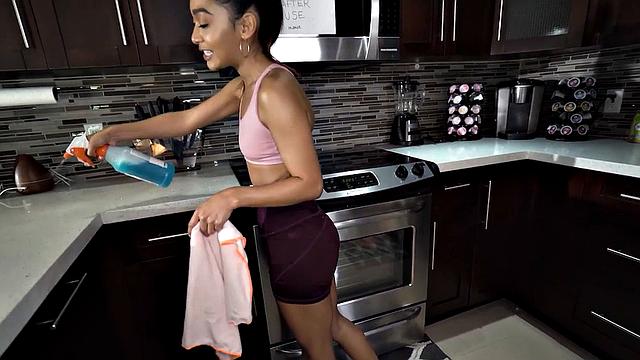 Sexy maid enjoys sucking big dick while jerking