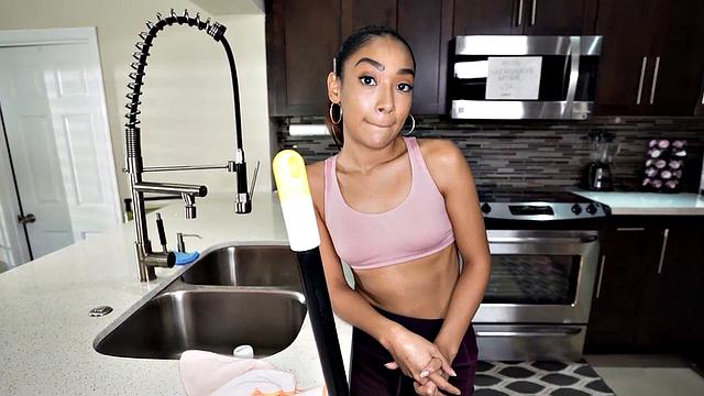 Sexy maid enjoys sucking big dick while jerking