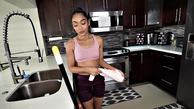 Sexy maid enjoys sucking big dick while jerking