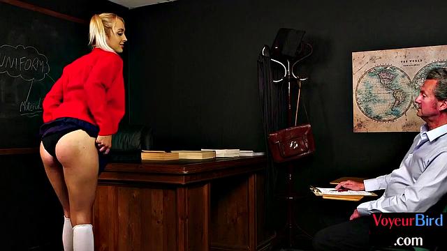 College uniform CFNM voyeur teases professor while jerking