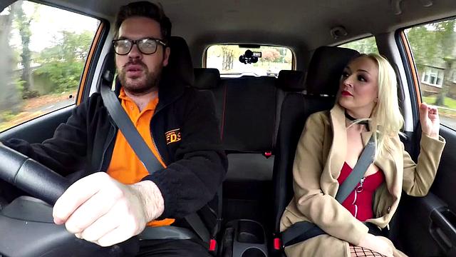 Blonde student with tattoos and glasses rides and sucks teacher's big dick in car