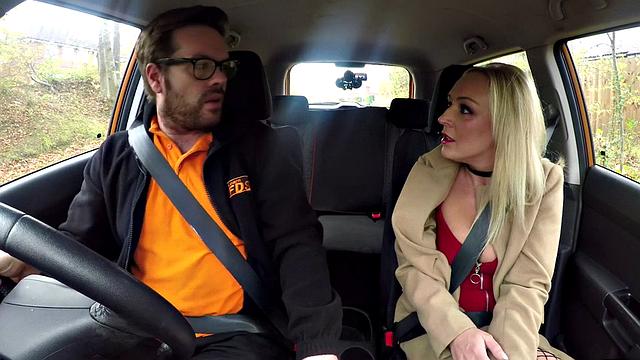 Blonde student with tattoos and glasses rides and sucks teacher's big dick in car