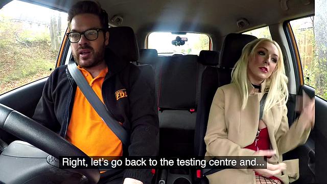 Blonde student with tattoos and glasses rides and sucks teacher's big dick in car