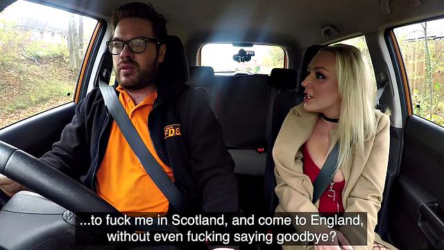 Blonde student with tattoos and glasses rides and sucks teacher's big dick in car