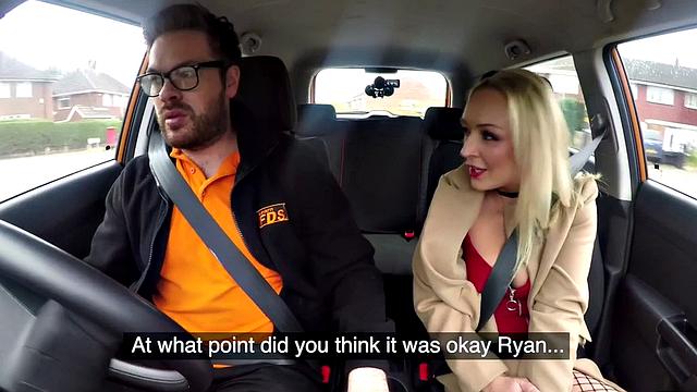 Blonde student with tattoos and glasses rides and sucks teacher's big dick in car