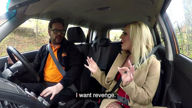 Blonde student with tattoos and glasses rides and sucks teacher's big dick in car