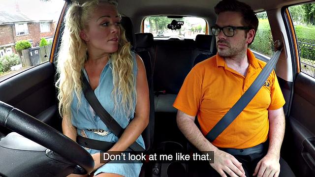 Busty MILF publicly outdoor fucked in car by driving tutor