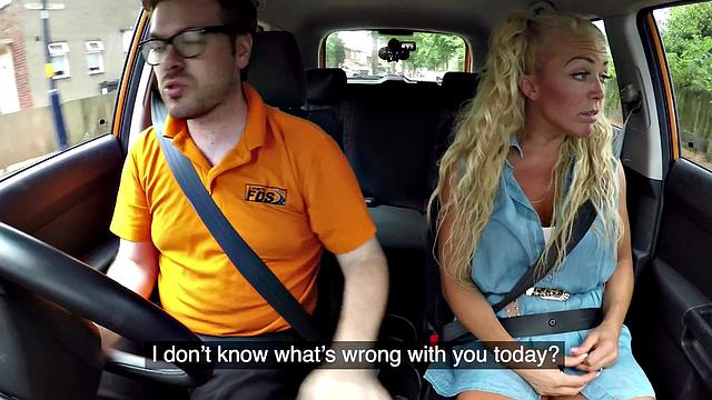 Busty MILF publicly outdoor fucked in car by driving tutor