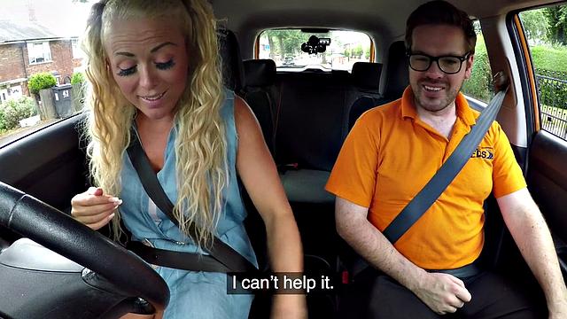 Busty MILF publicly outdoor fucked in car by driving tutor