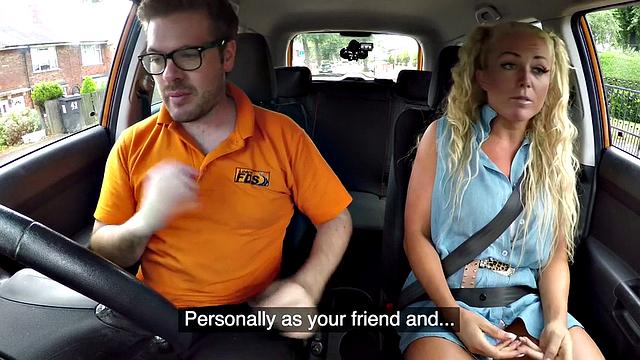 Busty MILF publicly outdoor fucked in car by driving tutor