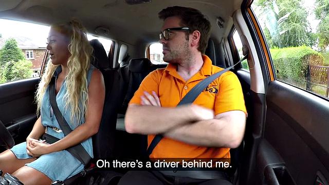 Busty MILF publicly outdoor fucked in car by driving tutor