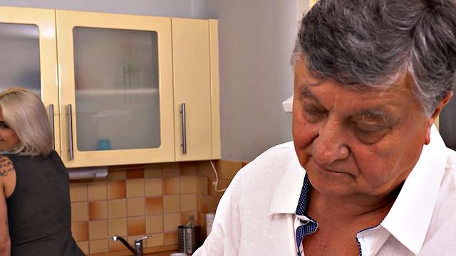 DADDY4K. Old fat guy and son's new GF entwine naked bodies in kitchen