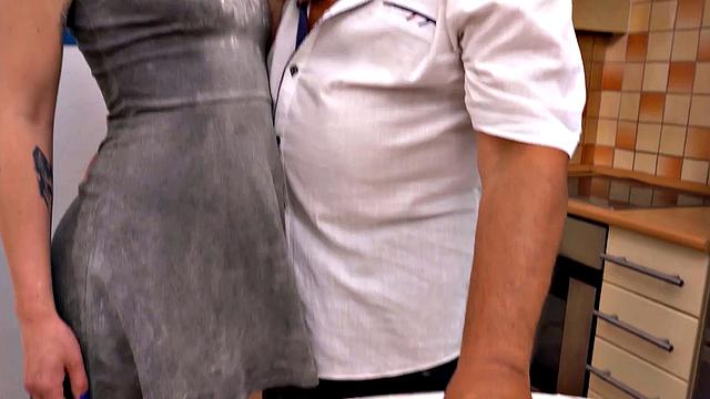 DADDY4K. Old fat guy and son's new GF entwine naked bodies in kitchen