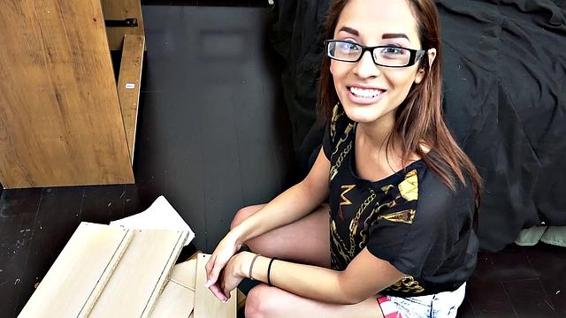 Latina Teen in glasses takes a cumshot on her glasses after getting pounded from behind