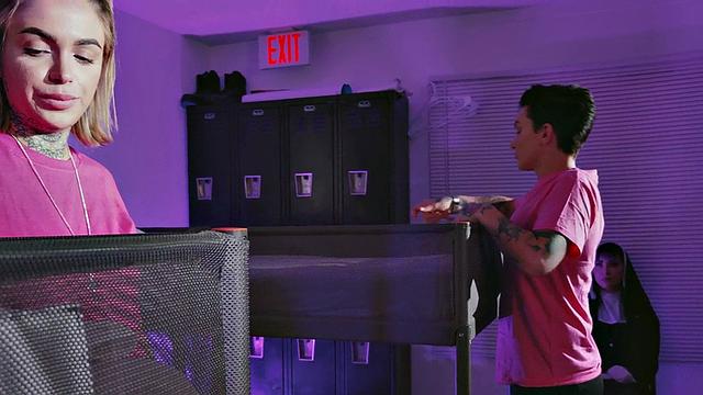 Femdom CFNM pegging babe fucks priest in dormitory