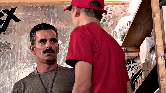 Amateur skinny top twink pounds bareback DILF in stockroom while wearing socks