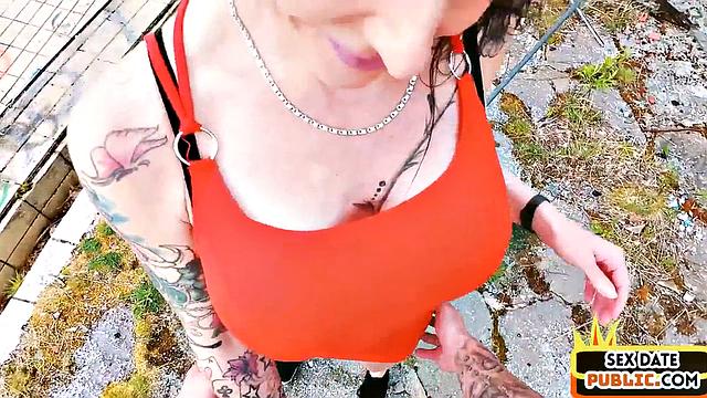 Horny big-titted MILF doggy-fucked outdoors