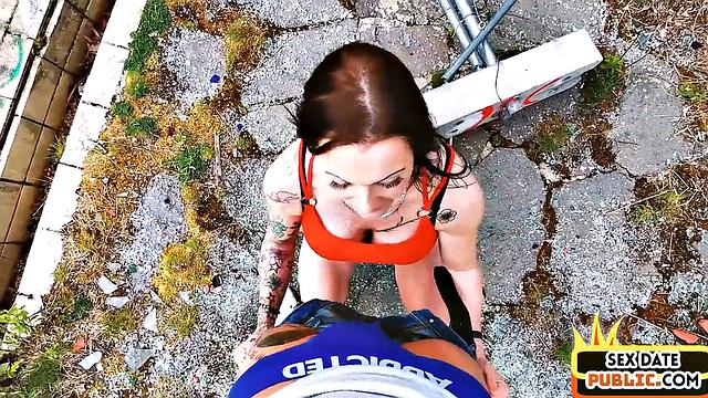 Horny big-titted MILF doggy-fucked outdoors