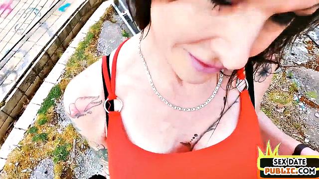 Horny big-titted MILF doggy-fucked outdoors